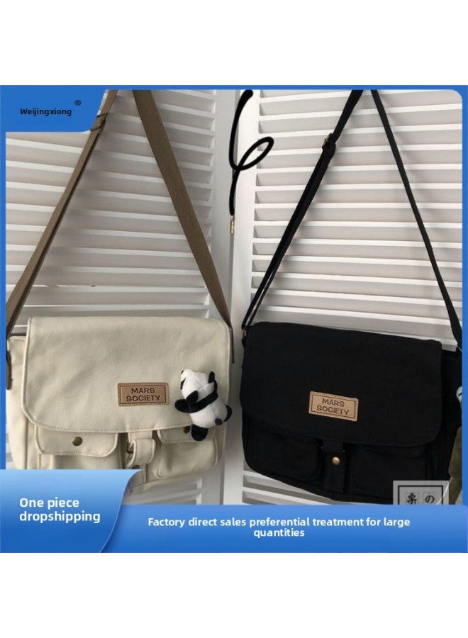 Backpack Female South Korea Ins Student Large Capacity Shoulder Messenger Bag Men's Japanese Harajuku Retro Tooling Messenger Bag Fashion-Color:Beige High Quality Canvas, Bag + Dull Dragon - Image 3